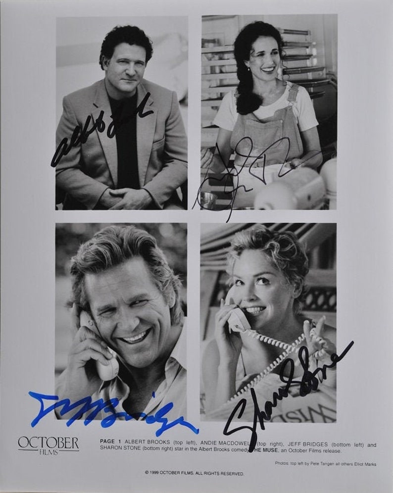 THE MUSE CAST Signed Photo Poster painting X4 Sharon Stone, Jeff Bridges, Albert Brooks, Andie Macdowell wcoa