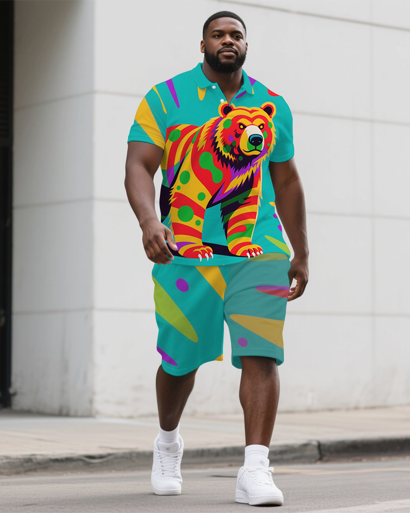 Big Men's Street Fashion Funny Bear Cartoon Casual Short-Sleeve Polo Shirt & Shorts Set