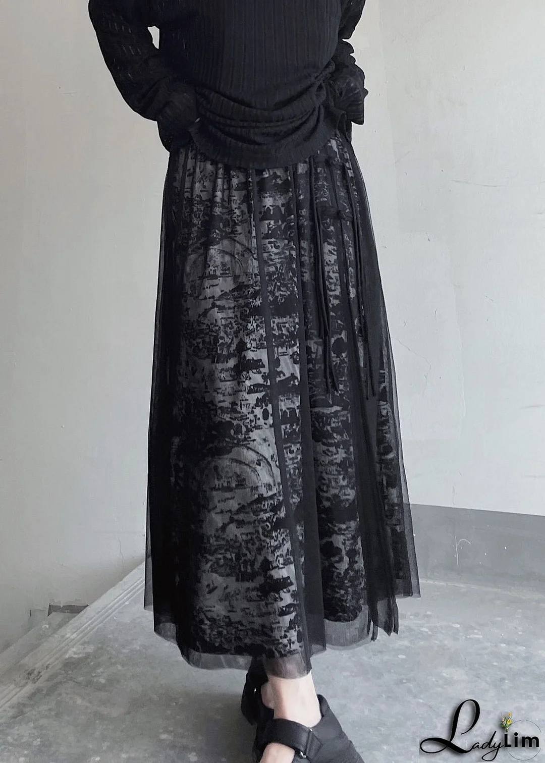 Chic Black Print Elastic Waist Patchwork Tulle Skirt Summer