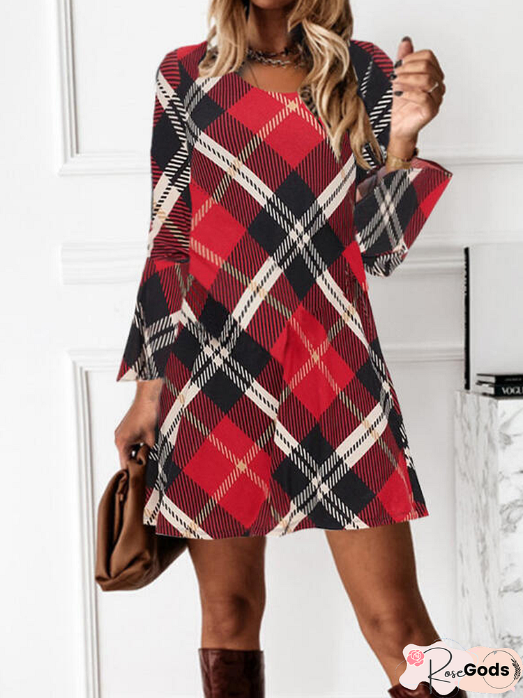 Striped/Plaid Long Sleeves Flare Sleeve Shift Above Knee Casual Tunic Knitting Dress