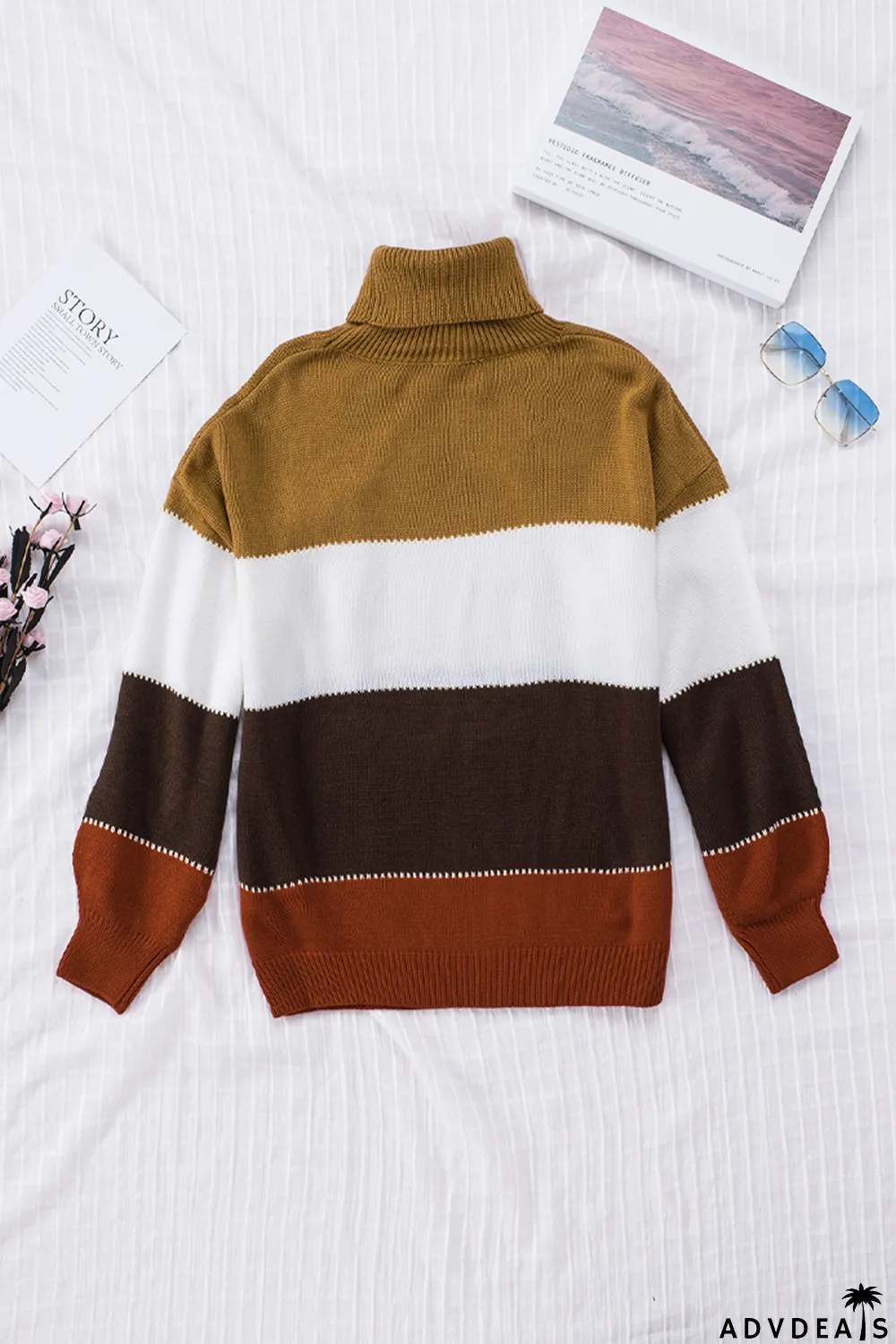 Orange Accent Color Block Turtleneck Chunky Knit Sweater