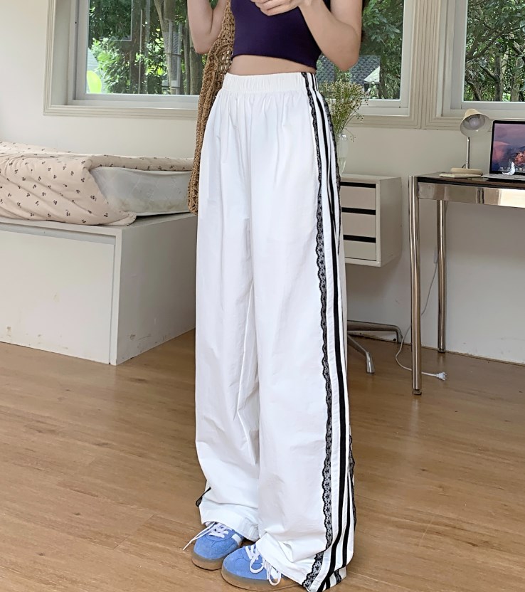 Myopiclunacy fall outfits women 2025 Y2k Harajuku Streetwear Wide Leg Pants Women American Retro Sweet Striped Lace Patchwork Oversize Sweatpants Summer