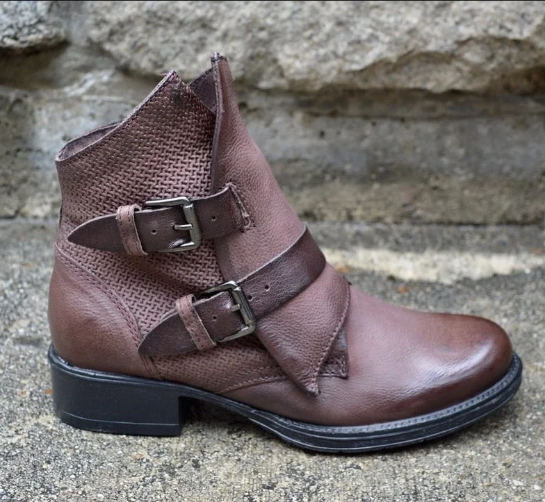 Low Heel Round Toe Belt Buckle Women's Low Boots