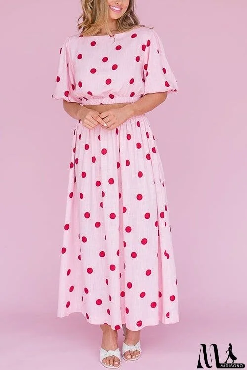 MidiSono - Polka Dot Puff Sleeve Maxi Skirts Set
