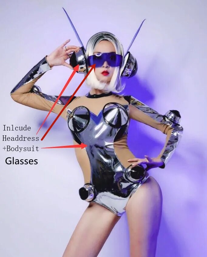 VCSHOES Lady Warrior Cosplay Costume Silver Laser Reflective Bodysuit Headdress Space Dance Outfit Bar Nightclub Party Show Clothes