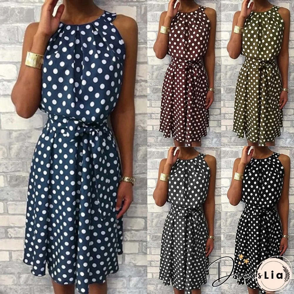 New Fashion Women Round Neck Summer Polka Dot Printed Sleeveless Dress Ladies Casual Mid-length Plus Size Dress