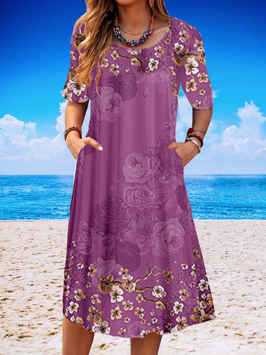 Women Half Sleeve V-neck Solid Color Dress