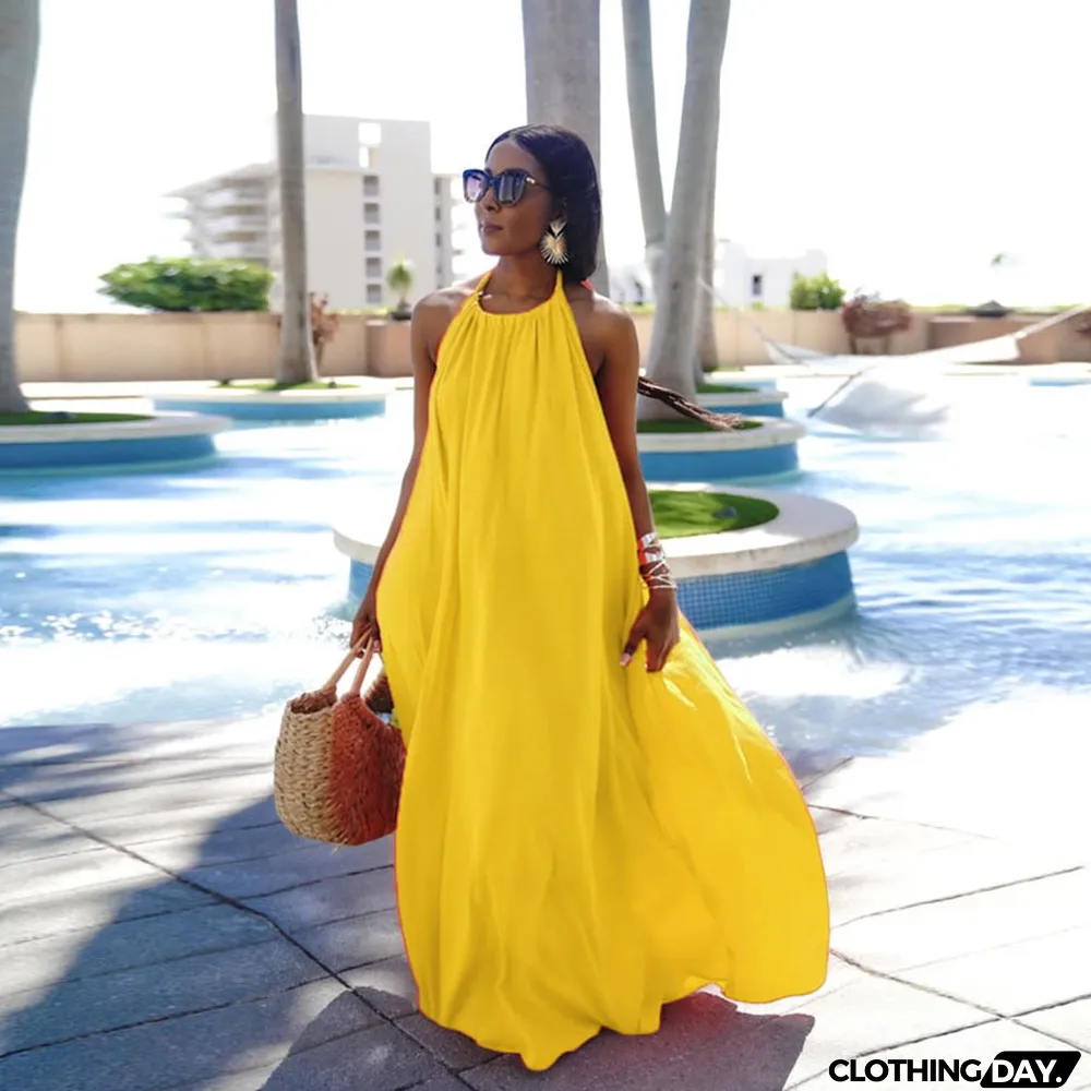 Summer Women's Sleeveless Halter Neck Sexy Low Back Solid Color Maxi Dress