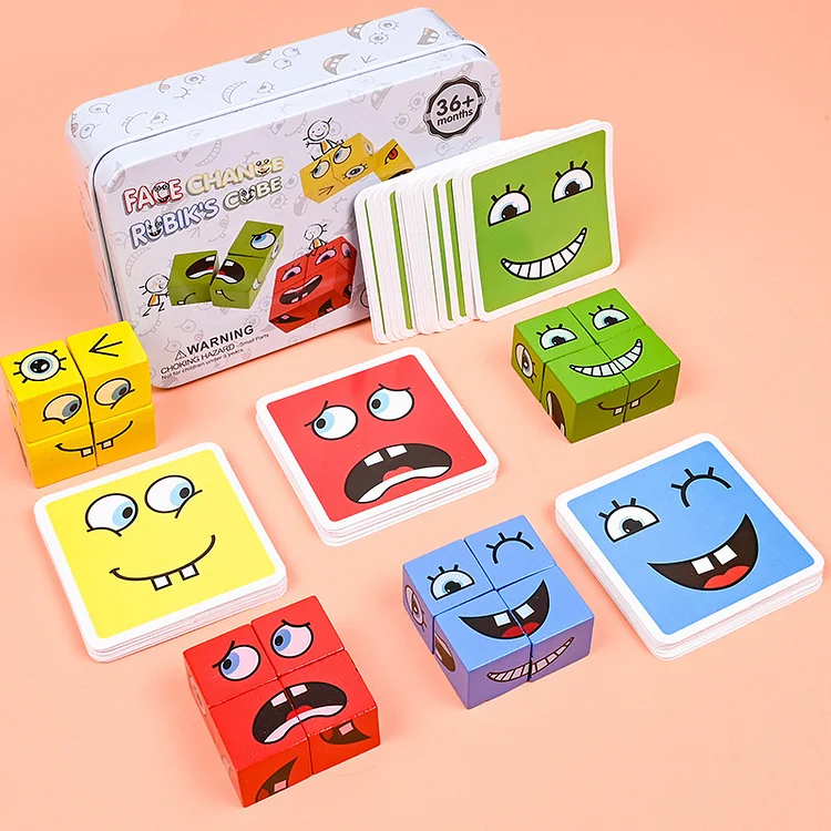 Drvena rubikova kocka koja mijenja izraz lica građevni blokovi dječja igračka za društvenu igru ​​s odgovarajućom karticom razine izazova