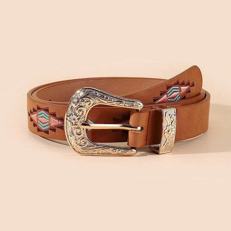 Ethnic Floral Leaf Pattern Embroidered Buckle Belt