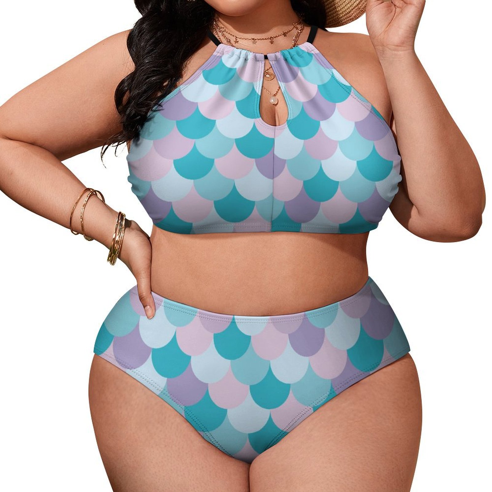 Women's Colorful Mermaid Scales High Waisted Two-Piece Plus Size Bikini Swimsuits Sets