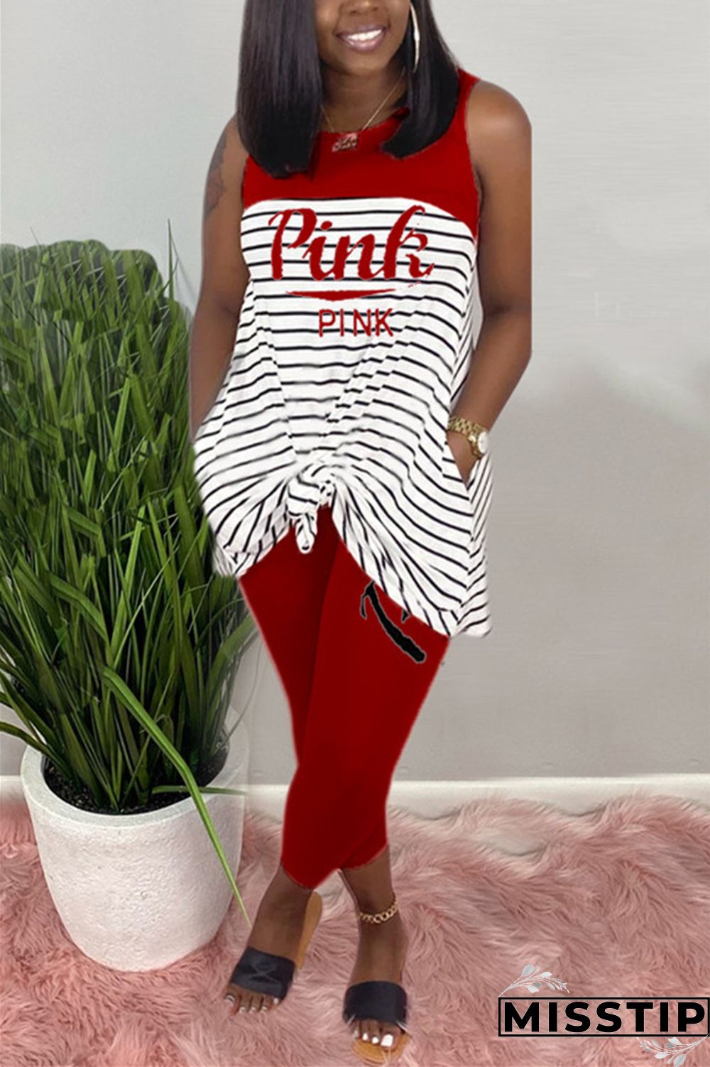 Pink Fashion Casual Striped Letters Printing Sleeveless Set