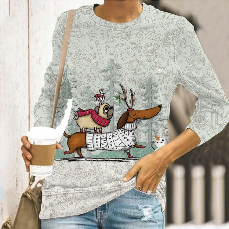 Digital 3D Printed Loose Christmas Long-sleeved T-shirt-Mayoulove
