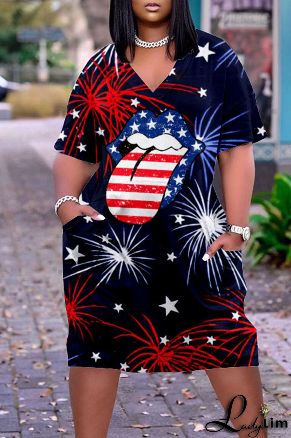 Deep Blue Casual Print Patchwork V Neck Dresses