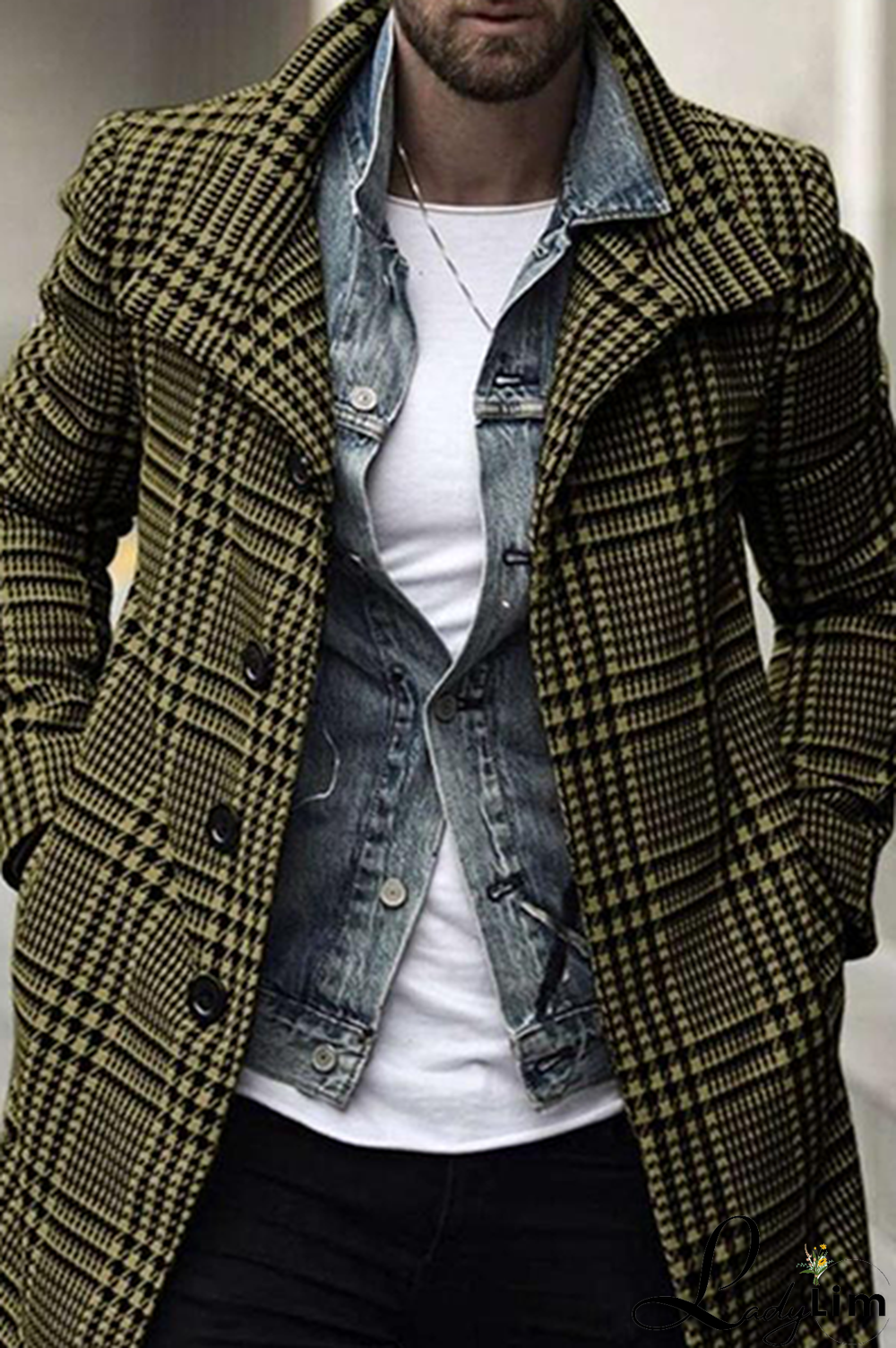 Army Green Fashion Plaid Pocket Buckle Turndown Collar Outerwear