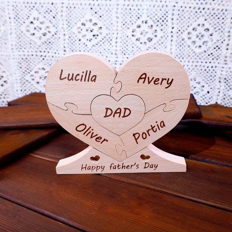 Personalized Heart Pattern Wooden Puzzle Engraved 4 Names and 1 Text, Family Gift, Gift for Dad