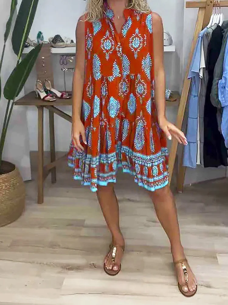 Women's V-neck Printed Short Dress