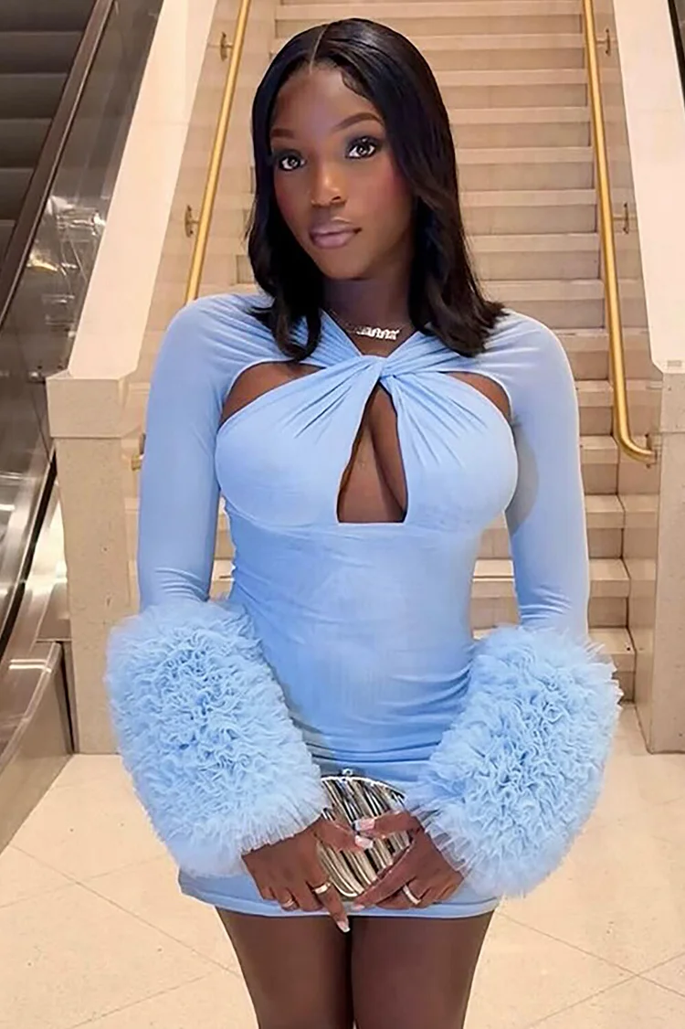 Frilled Long Sleeve Twisted Ruched Cutout Bodycon Mini Dresses-Blue