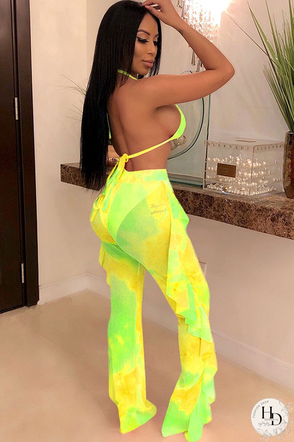 Army Green Sexy Fashion Stringy selvedge Print Tie Dye Patchwork Loose Sleeveless