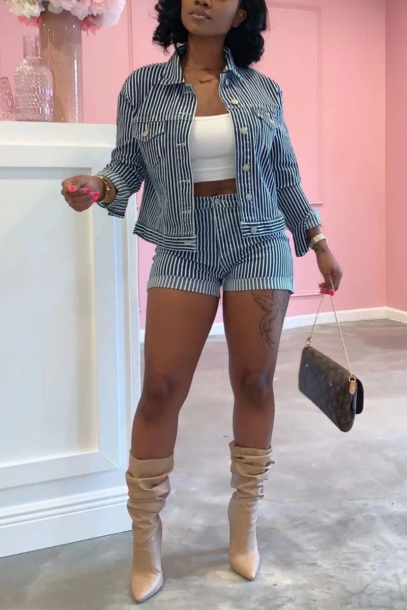 Casual Striped Print Shorts Set