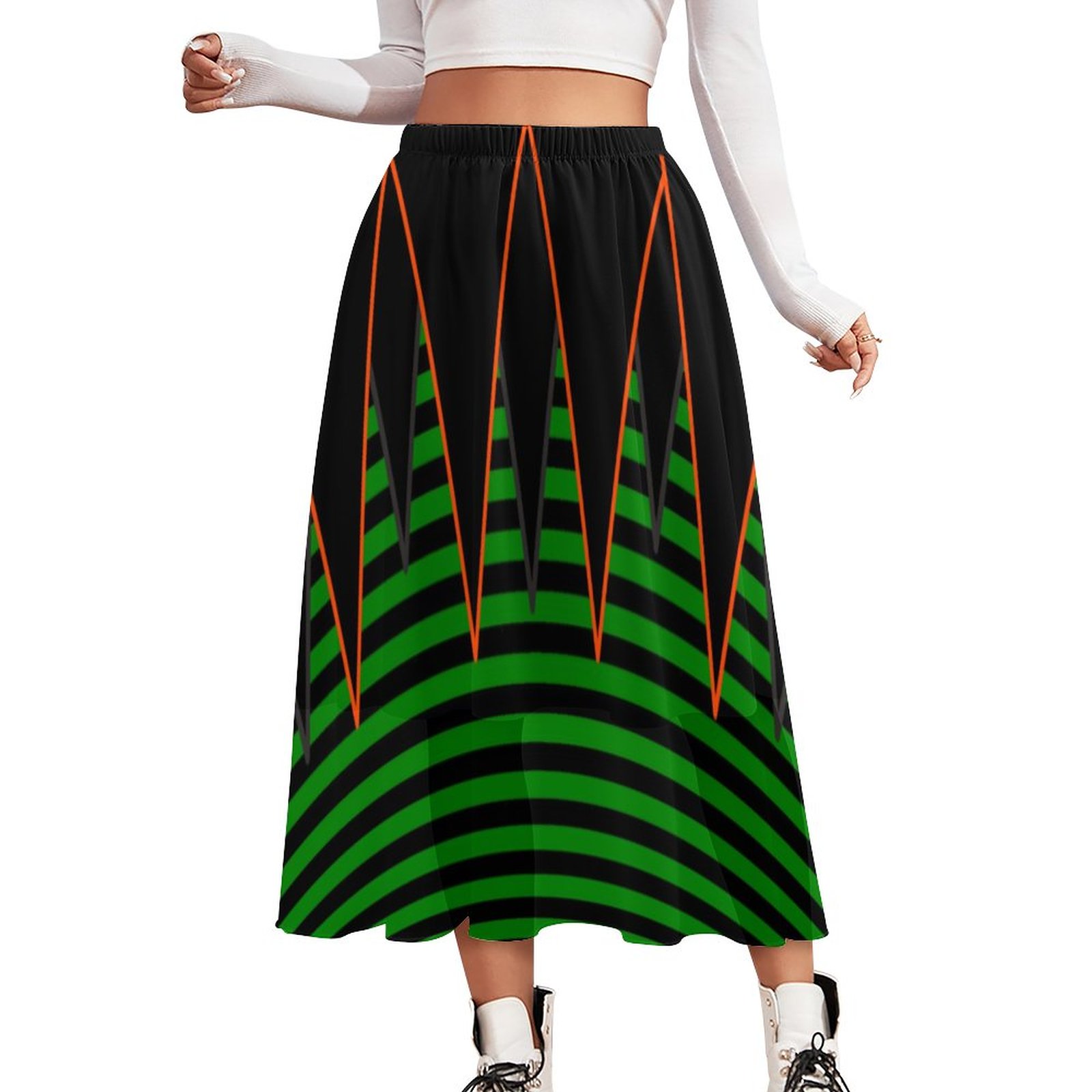 Witch Stripes In Green Black Faux Skirt Double-Layered High Waist Midi Chiffon Skirt