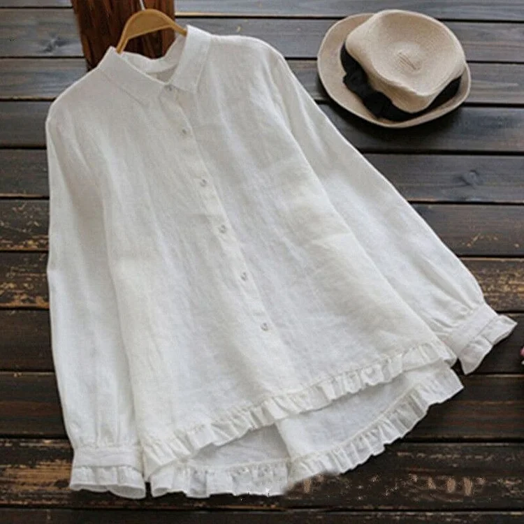 VChics Cotton And Linen Lace Long-Sleeved Shirt