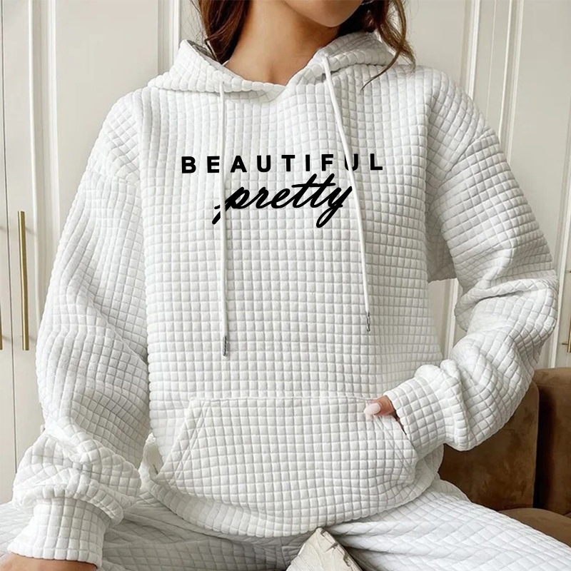 Loose Chanel Style Women's Fashion Waffley Long Sleeve Letter Printed Hooded Sweat