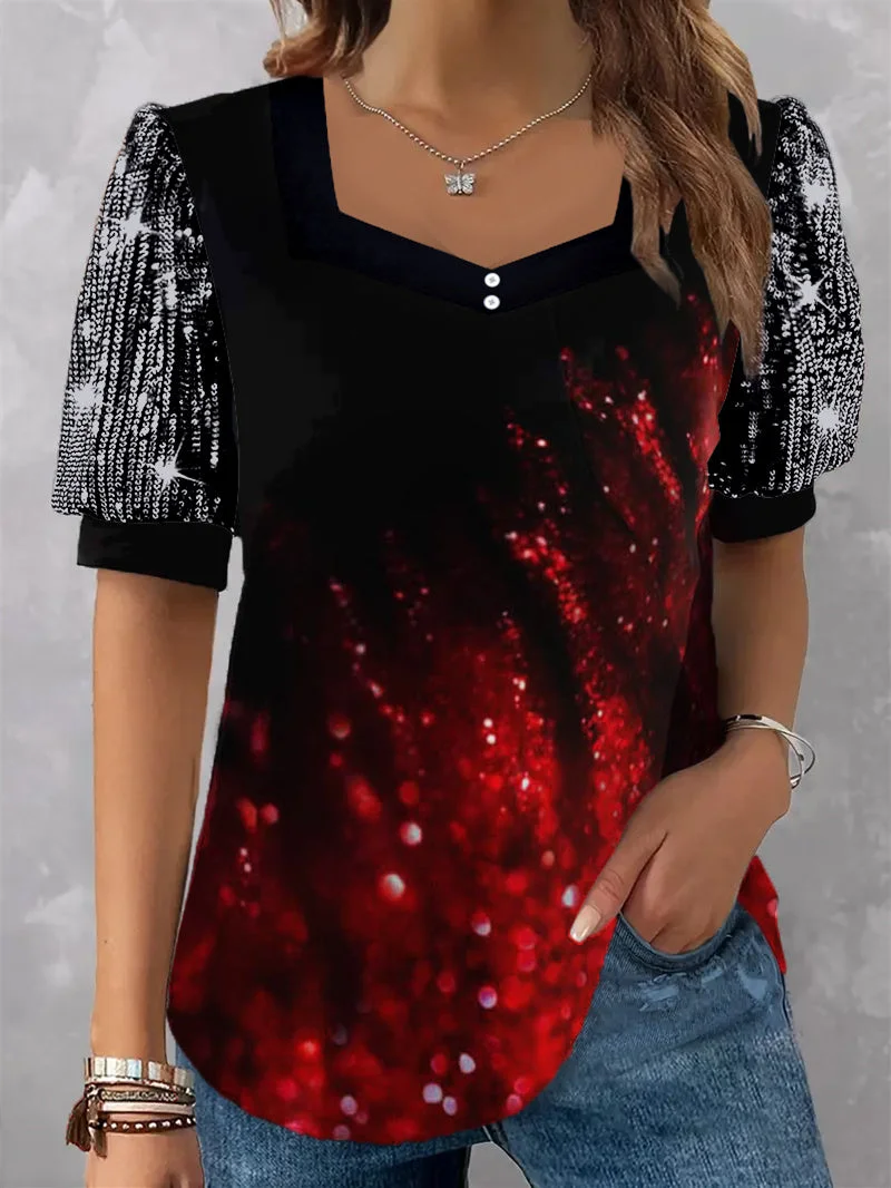 Women's Short Sleeve V-neck Sequins Stitching Graphic Printed Top