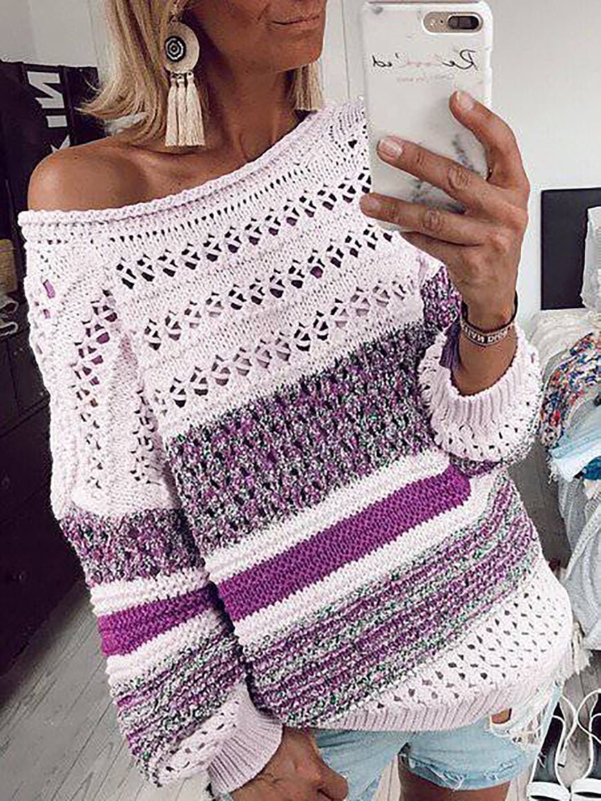 Women's Casual Round Neck Hollow Contrast Sweaters