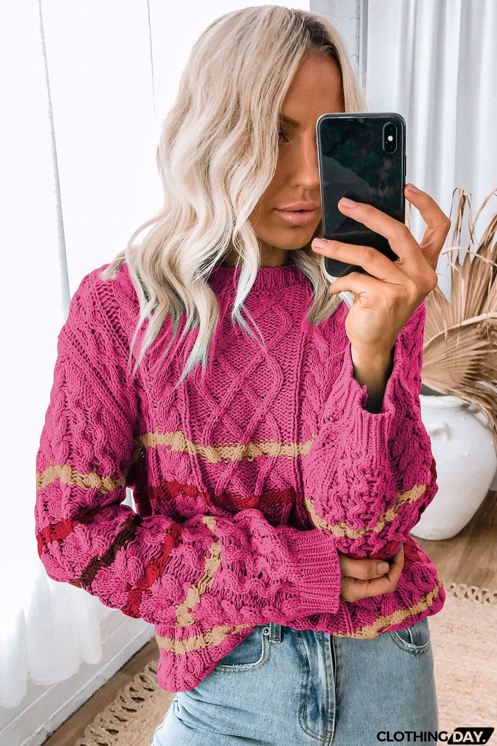 Striped Color Block Textured Knit Pullover Sweater