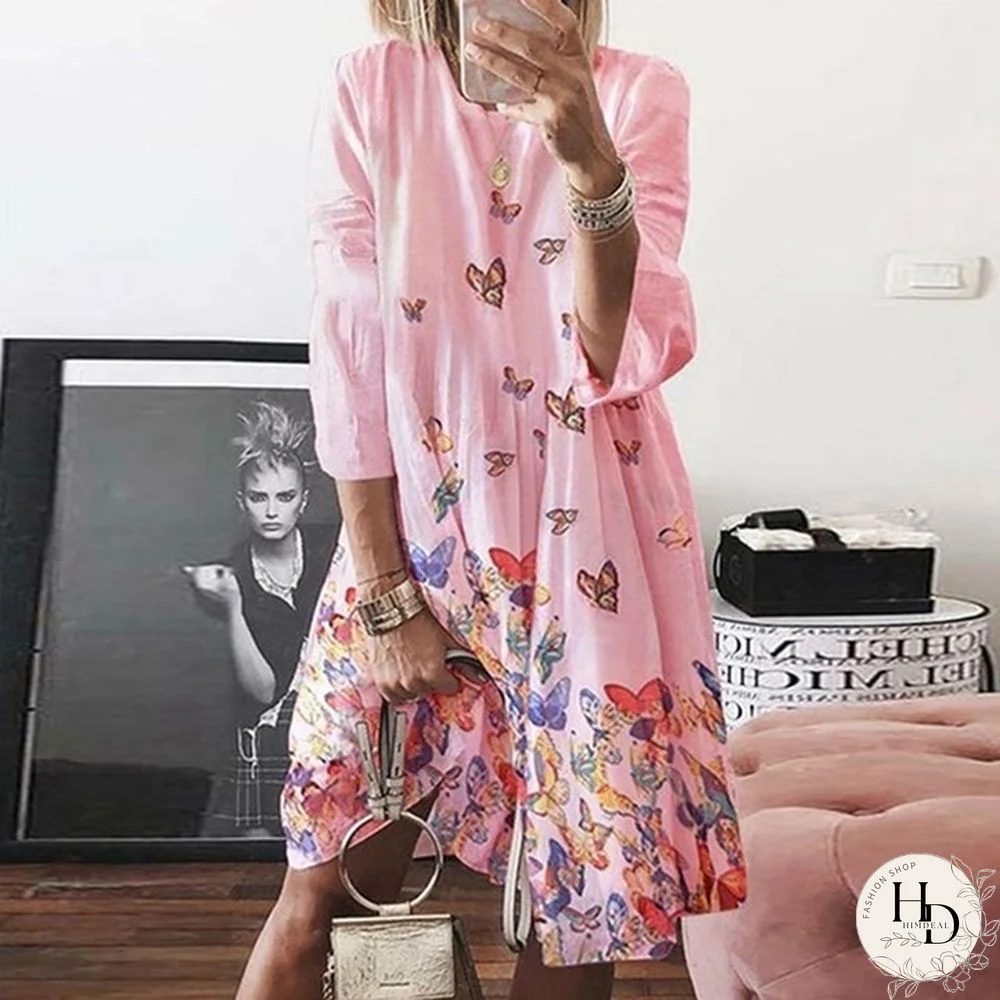 Women Butterfly Printed Bohemian Beach Dress Round Neck Long Sleeve Maxi Vestido Plus Size