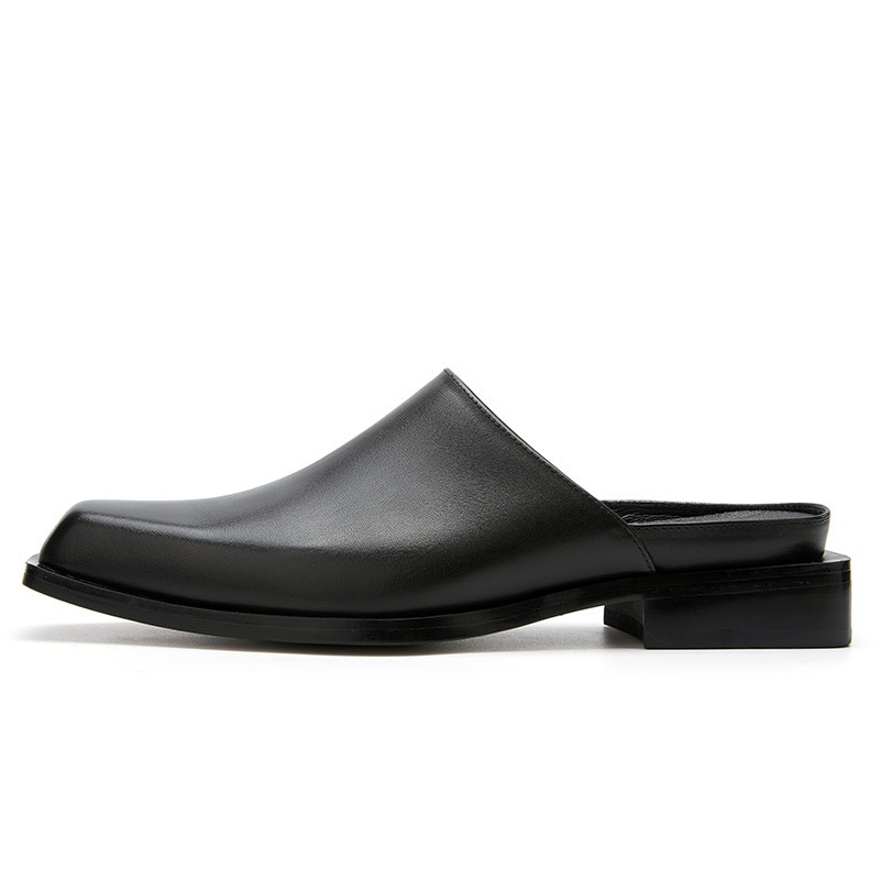 Men's Square Head Leather Slippers Back Empty All-Match Heel-Free Leather Shoes Hollow Out Leather Slippers