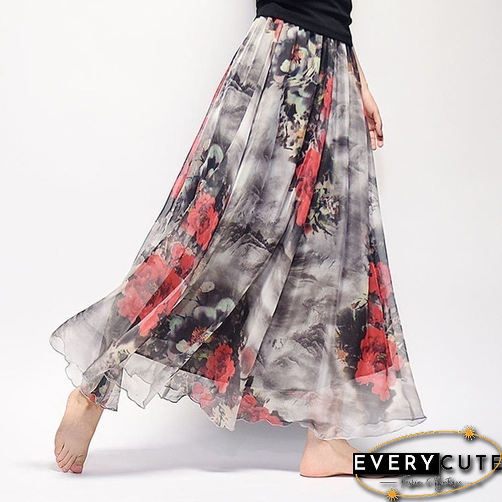 Women Boho Vintage Bohemia Chiffon Floral Printed Floor-Length Long Maxi Beach Dresses