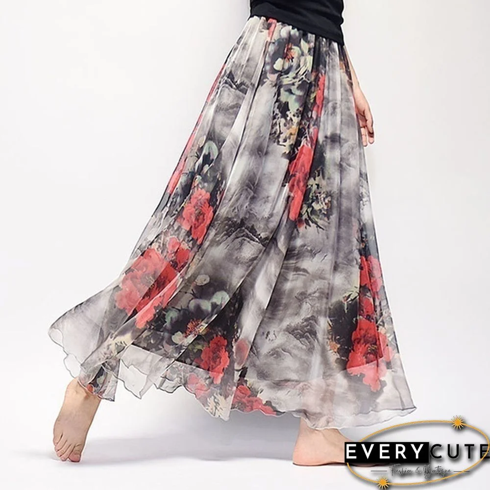 Women Boho Vintage Bohemia Chiffon Floral Printed Floor-Length Long Maxi Beach Dresses
