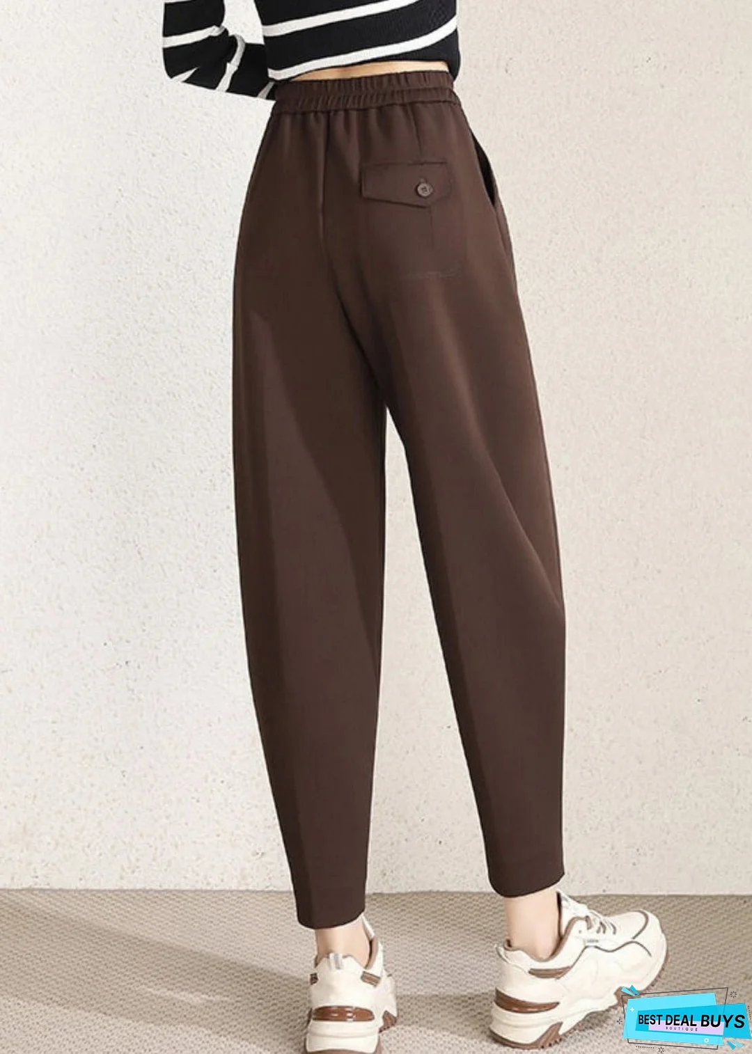 Simple Coffee Solid Pockets High Waist Cotton Crop Pants Spring