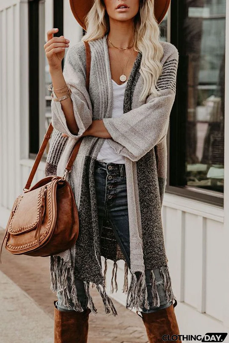 Fringe Colorblock Open Front Cardigan