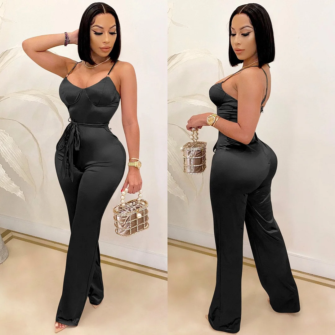 New Women Spaghetti Strap Sleeveless Straight Jumpsuit Women Sexy Club Open Back High Waist Rompers One Piece Overalls