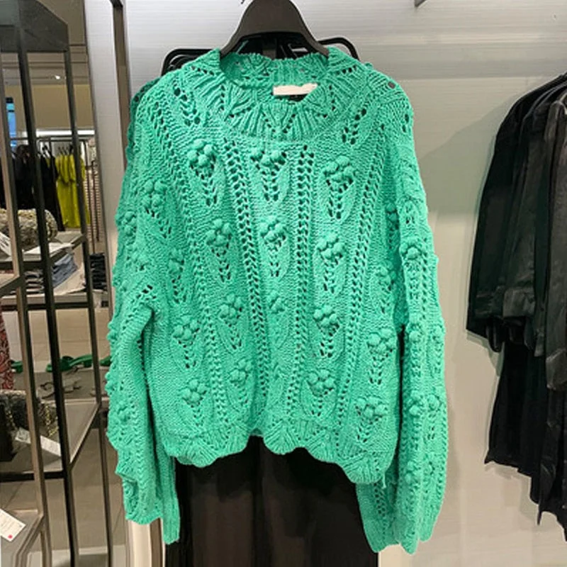 New Autumn Winter Women Green Hollow Out Knitted Sweater O Neck Tops Casual Female Long Sleeve Loose Pullover Jumper