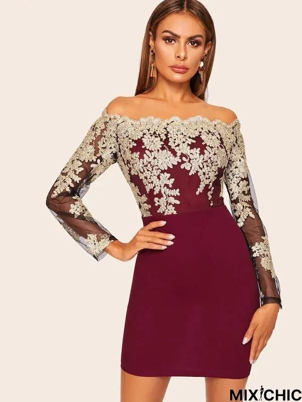 Embroidered Mesh Bodice Bardot Dress