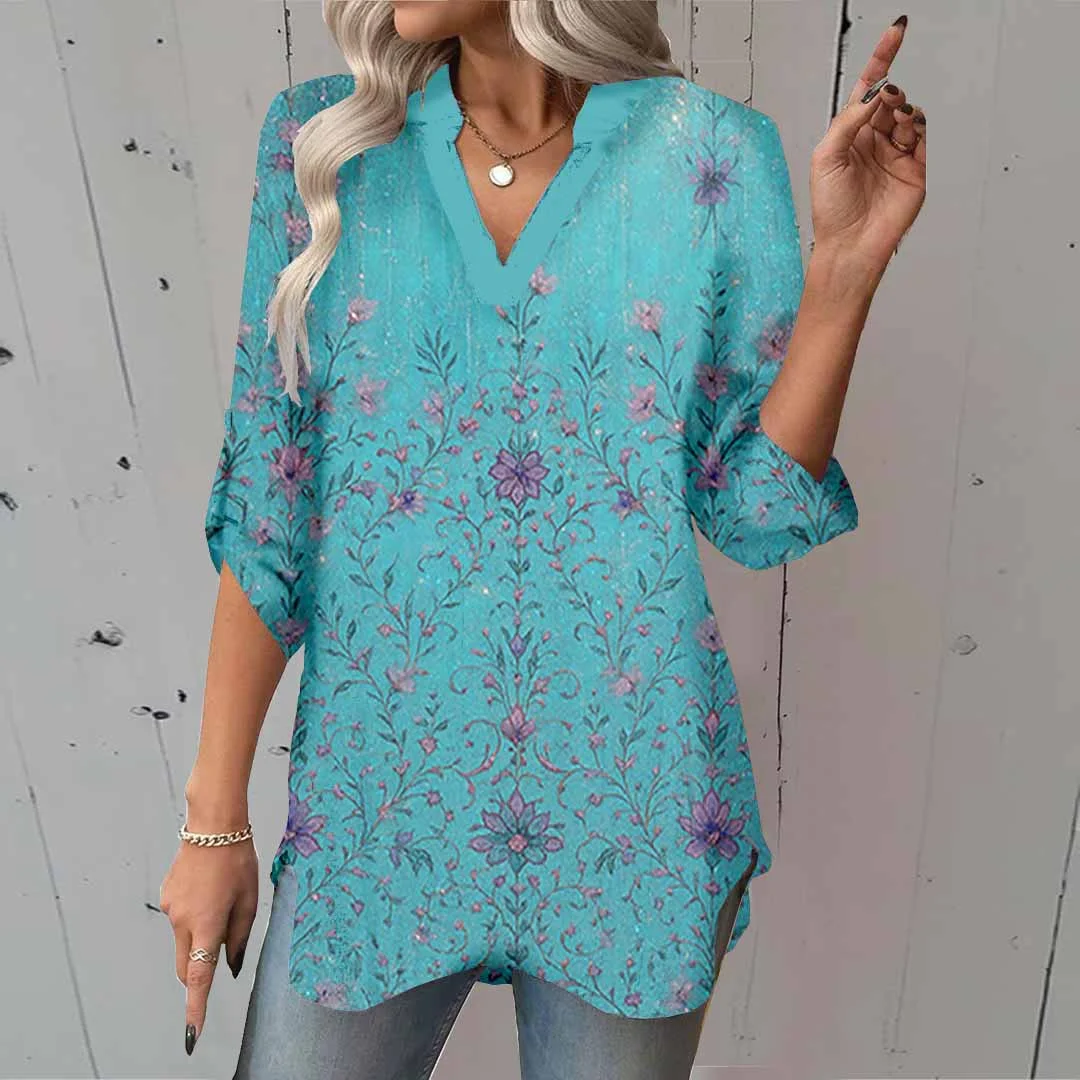 Women Glitter,Floral,Blue DZGA0004 3/4 Sleeve V-neck Printed Graphic Button Tops