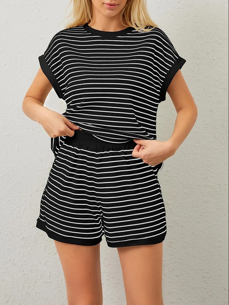 2025 Fashion Women's Summer Striped Round Neck Short Sleeve T-Shirt And Shorts Casual Sports Set