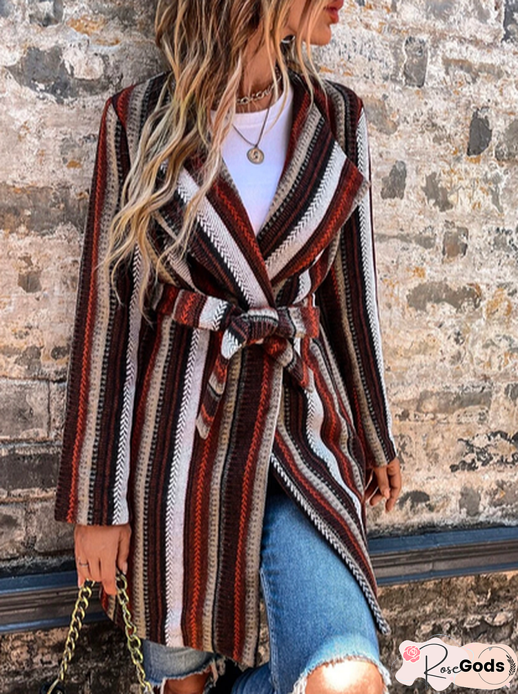 Casual Loose Cross Neck Striped Overcoat