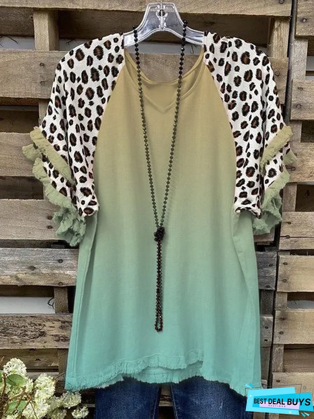 Vintage Leopard Printed Tassel Color-block Plus Size Short Sleeve V Neck Casual Tops