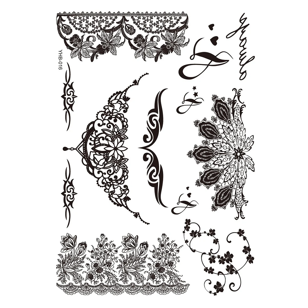 Stockings Tattoo Legs Black Henna Lace Bracelet Temporary Tatoo Sticker Mehndi Stickers for Hand Finger Leg Thigh Body Art Decal