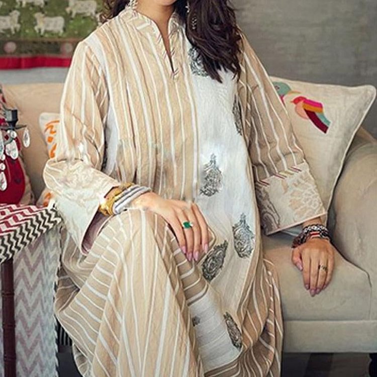 Khaki setripd loose long sleeve maxi kaftan dress فساتين