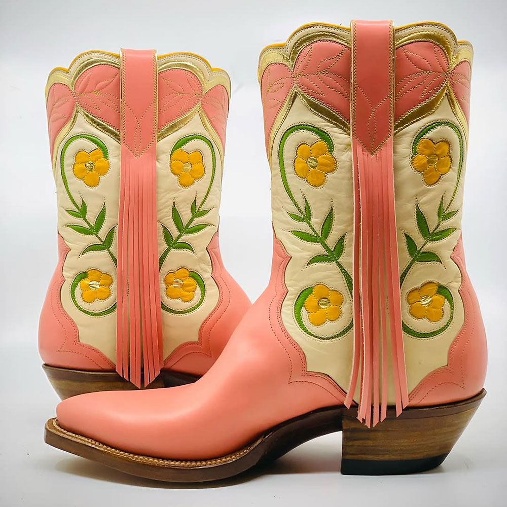 Pink Faux Leather Snip Toe Flower Short Western Boots for Women Nicepairs