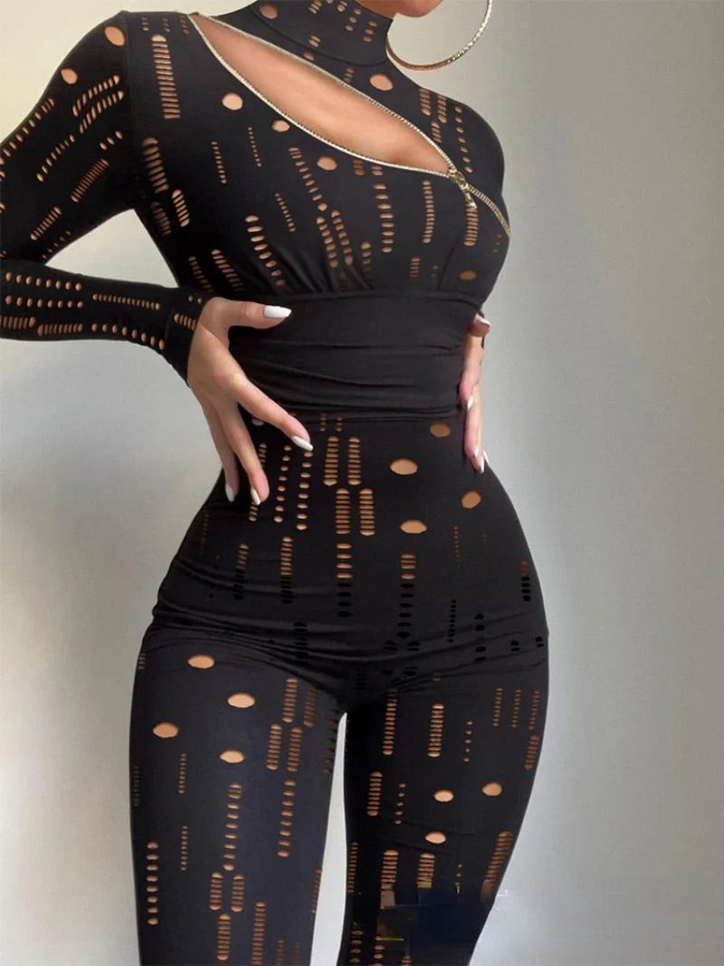 CM.YAYA Women Gauze Hollow Out Deep V-neck High Waist Tunic Bodycon Jumpsuit Sexy Party One Piece Overall Romper Playsuits 2022