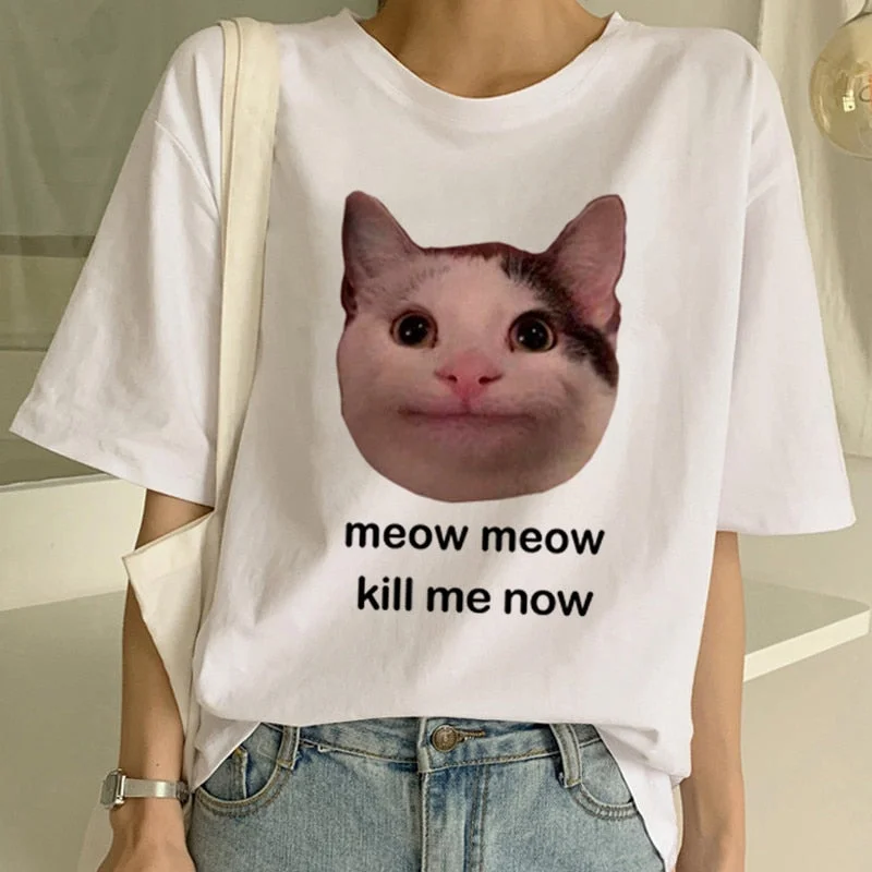 New T Shirt Women Casual Funny Cartoon Cute Cat Print Tshirt Harajuku Kawaii Fashion T-shirts Summer Short Sleeve Top Tees