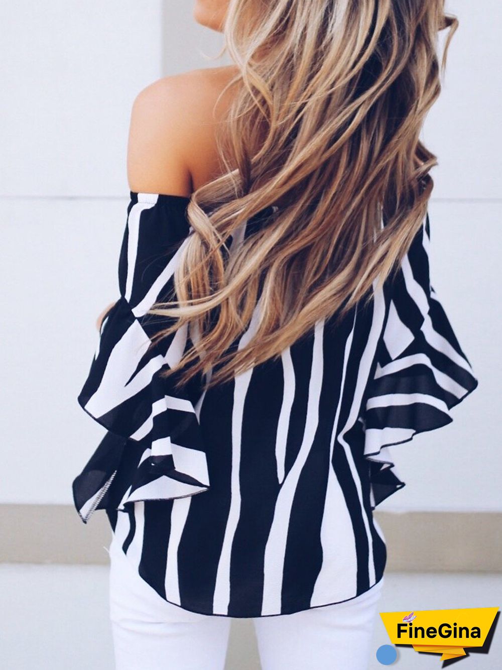 Off-the-shpulder Striped Loose Chiffon Top P13705