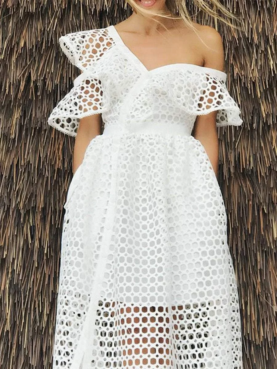 Hollow Out Sexy Diagonal Shoulder Ruffle Dress